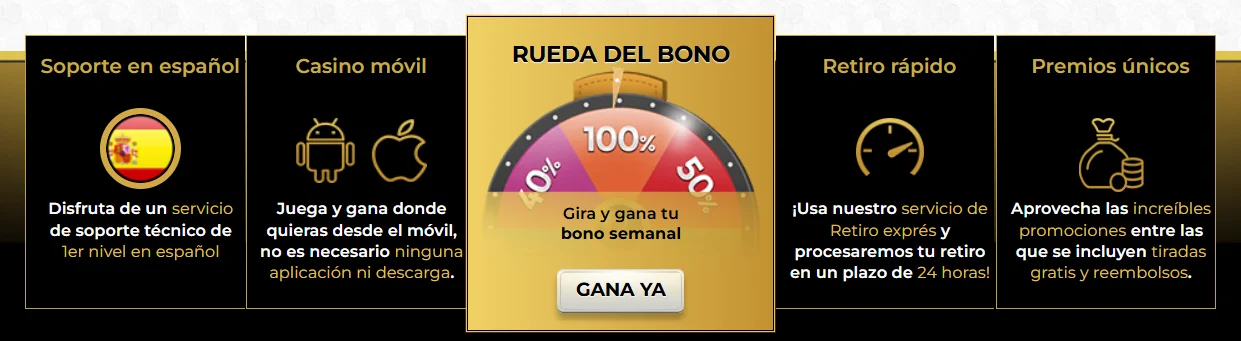 Ventajas de Unique Casino con soporte en español, casino móvil, rueda del bono semanal, retiros rápidos y promociones con premios